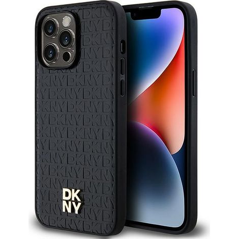 Custodia rigida nera/nera DKNY DKHMP14XPSHRPSK per iPhone 14 Pro Max 6,7" con motivo monogramma in pelle e logo in metallo MagSafe (1/5)