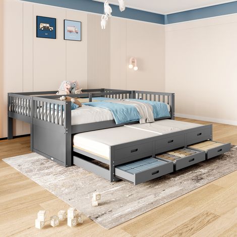 Lit superposé 90 x 200 cm, lit enfant, lit cabane pour filles et garçons, structure en pin et MDF avec échelle, lit gigogne et 3 tiroirs, sans matelas, gris (WX000121AAE). (1/5)