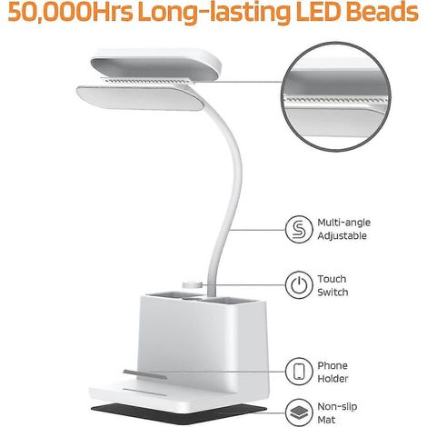 Lampe de bureau LED avec porte-stylo, lampe de bureau Axx pour ordinateur/bureau - Blanche, rechargeable, respectueuse des yeux, col de cygne flexible - Lampe de chevet pour la lecture (1/4)