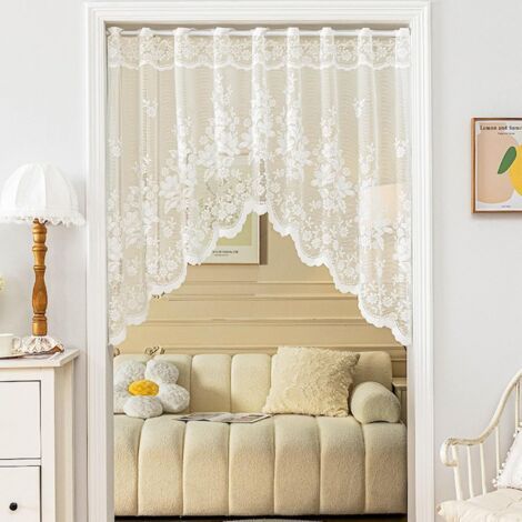 160x100cm Voilage Cuisine Court Rideaux de Cuisine Dentelle Brodée Fleurie, Style Campagne, Rideau Brise Bise À Œillets, Polyester Blanc (1/5)