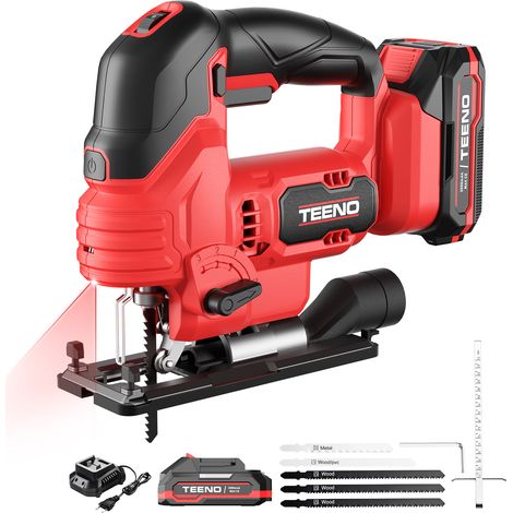 Teeno – Scie sauteuse sans fil 20V avec 2 batteries 2.0Ah – 800-3000 SPM – Inclinaison ± 45° – Guide laser pour coupes précises