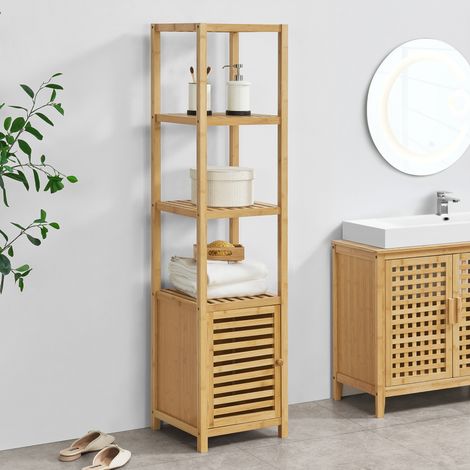 Estantería de pie para baño Liminka 4 estantes 1 puerta bambú 140 x 34 x 33 cm natural [en.casa] (1/5)