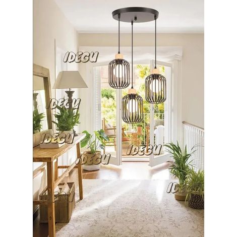 Lustre Suspension - - Vintage - Métal Noir - 3 Ampoules - Design Industriel (1/5)