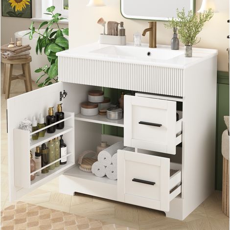 REDOM - Mobile bagno 81.5x47x85.5 cm - con lavabo in ceramica - ripiano laterale e doppio cassetto - MDF - bianco (1/5)