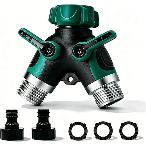 VASIN Distributeur Arrosage 2 Voies, Diviseur de Tuyau Débit d'eau Réglable 3/4" & 1/2" Robinet Double Sortie avec Interrupteur Indépendant, Répartiteur d'eau pour Connexion de 2 Appareils (1/5)