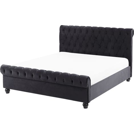 Cama doble tapizada en terciopelo negro 140 x 200 cm con cabecero acolchado estilo glam Avallon (1/5)