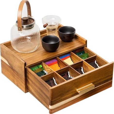 Caja para guardar bolsitas de té，soporte para bolsitas de té，tarros de almacenamiento，Contenedor de almacenamiento，Madera，Marrón (1/5)