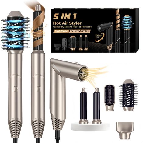 Air Styler 5 en 1 Air Brush Brosse Chauffante Brushing Sèche-Cheveux Ionique 5 en 1 Brosse Soufflante Airstyler Boucleur a Cheveux à Air Brosse à Lissante Ensemble Airbrush Coiffure Femmes, Or (1/5)
