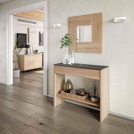 Dmora Mueble de entrada con cajón y espejo, color roble con detalle de nogal, 92 x 149 x 33 cm., con embalaje reforzado (1/4)