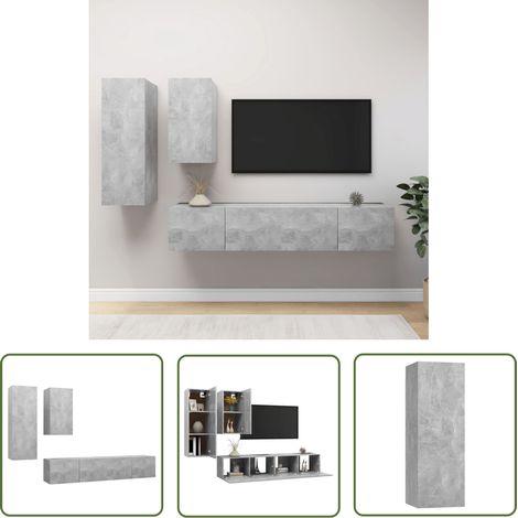 The Living Store Ensemble de meubles TV 4 pcs Gris béton Bois d'ingénierie - Meuble Tv Gris - Meuble Tv Suspendu - Ensemble Meuble Tv - Meuble Hifi - Rangement Salon (1/5)