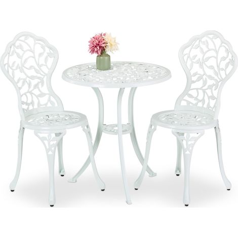 Relaxdays Salon de Jardin, pour 2 Personnes, Design Romantique, Fonte d'aluminium, Table et 2 chaises, Blanc (1/5)