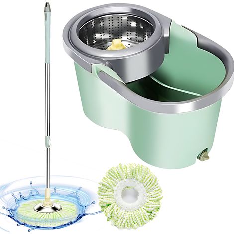 Kit serpillière rotative et seau avec essoreuse main libre pour sol maison, bac grand volume séparant eau sale, manche télescopique amovible, acier inox PP vert (1/3)