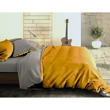 Parure de lit housse de couette bicolore couleur unie en coton 100 % italien, effet soyeux, doux sur la peau, différentes tailles (jaune, pierre, 2 taies d'oreiller) (1/5)