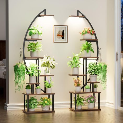 Support Plantes Intérieur avec Lampe de Croissance, Étagère Plante 7 Niveaux et 14 Tablettes, Porte Plante Métal et Bois pour Salon, Balcon, Entrée, Fenêtre, Lot de 2 (1/5)