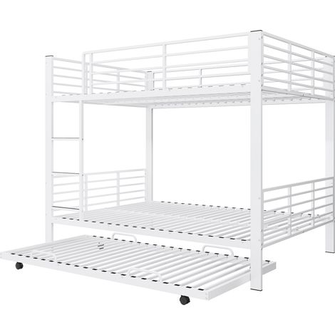 CHICFURN Lit superposé 3 places en métal blanc mat avec lit gigogne coulissant, lit enfant et ado gain de place, structure stable avec barrières de sécurité (1/5)