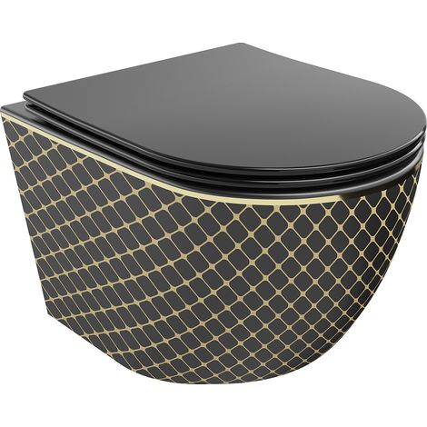 Mexen – Cuvette WC suspendue sans bride – Abattant slim à descente douce – Duroplast noir avec motif doré – Système Rimless pour nettoyage facile (1/5)