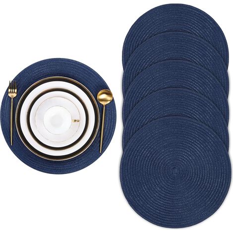 Lot de 6 sets de table ronds tissés bleu marine, isolants, antidérapants et lavables. (1/5)
