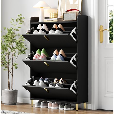 Zapatero 80x23x123.5 cm negro en MDF con 3 puertas abatibles, estantes ajustables y base metálica dorada (1/5)