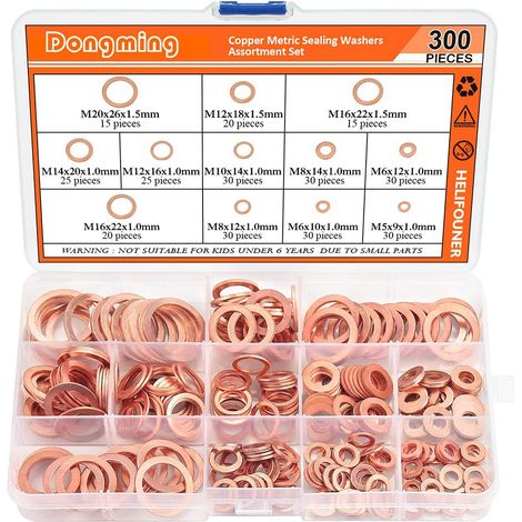 Kupferdichtung, Kupfer-Abflussdichtung, Abflussdichtung, 300-teiliges Kupfer-Dichtungsring-Set, Kupferdichtungssatz mit Sicherungsscheiben in 12 Größen, Schraubenscheiben