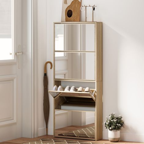 Zapatero Estrecho con Espejo y 4 Puertas Abatibles para 12  Pares de Zapatos 63x17x146 cm Natural (1/5)