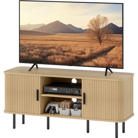 Meuble TV avec 2 portes tambour à lamelles design scandinave pour télévision jusqu'à 55 pouces 120 cm ton chêne