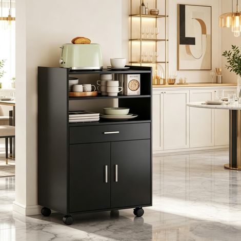 Meuble micro-ondes sur roulettes, chariot de cuisine mobile en MDF noir avec tiroir, placard à deux portes, étagère coulissante et rangement ouvert, 59 x 40 x 92 cm CHICFURN (1/5)