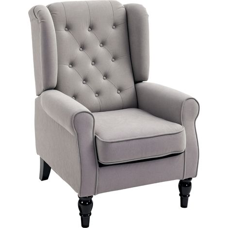 Fauteuil de Chambre à Coucher en Style Français, Large Assise Matelassée avec Accoudoirs, Pieds en Bois, Couleur Grise. (1/5)