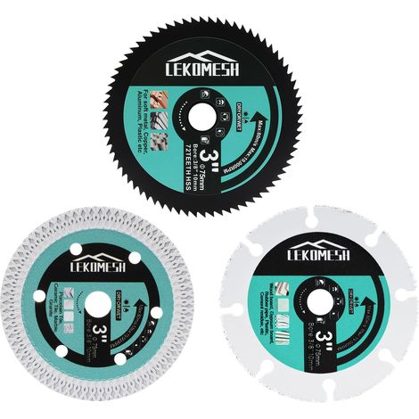 Jeu de Lames de Scie - 3pcs 75mm x 10mm X Maille/Carbure Bois/HSS Lame de Coupe pour Porcelaine,Céramique,Tuiles,Bois,Métal Doux,Meuleuse D'angle Disque de Coupe (1/5)