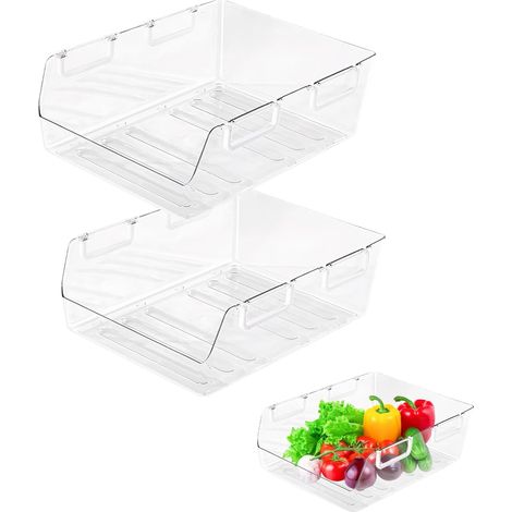 Lot de 2 organiseurs réfrigérateur transparents empilables - Organiseur tiroir Boîte rangement cuisine sans BPA Tiroir pour cuisine, armoire armoires L 2STK (1/5)