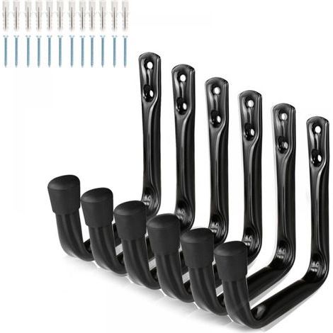 [JAMAIS UTILISÉ] Lot de 6 crochets de rangement robustes pour échelle de garage - Fixation murale - Pour vélo, échelle, chaises pliantes et articles encombrants - Noir (1/4)