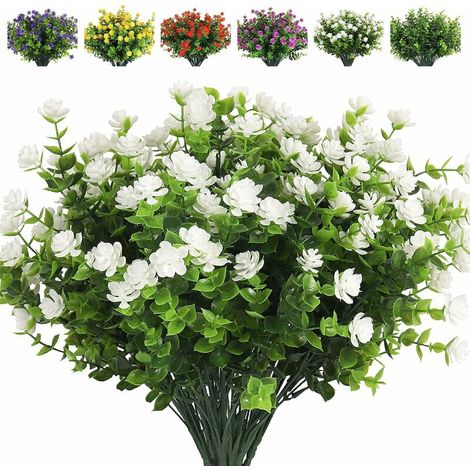8 Pieces Artificial Flower Plastic Outdoor UV Resistant Plant Artificial Outdoor Eucalyptus Plant Home Garden Party Wedding Decoration Wedding Bouquet (White) (1/5)