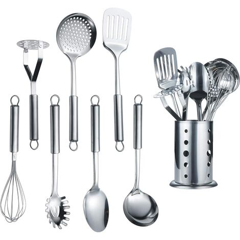 1-teiliges Küchenutensilien-Set aus Edelstahl mit 1 Halter, Küchenlöffel, Küchenutensilien mit Halter (8-teilig) (1/5)