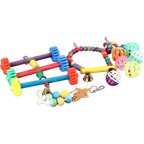 Ensemble de jouets pour oiseaux : balançoire colorée à mâcher et à grelotter, balle à ficelle, jouets pour cage de perroquet (perruche, calopsitte). (1/3)