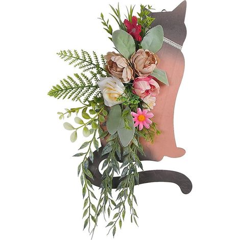Couronne de Porte Chat, Décoration Murale Rustique en Bois avec Fleurs pour Porche Ferme Extérieure, Panneau Suspendu Cintre Corde