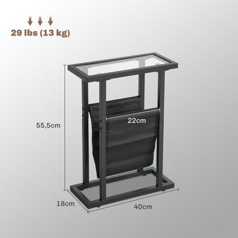 Table d'appoint étroite, bout de canapé en métal avec porte-revues et plateau en verre trempé, 40 x 18 x 55,5 cm, noir (1/5)