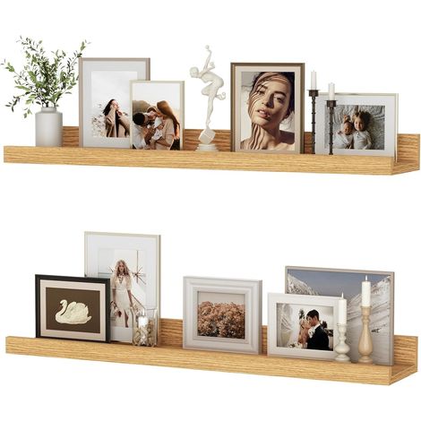 Lot de 2 étagères murales flottantes en chêne Massif, Design Rustique avec Rebord, pour radiateur et Affichage Mural, pour Salon, Cuisine, Chambre, 60cm (1/5)