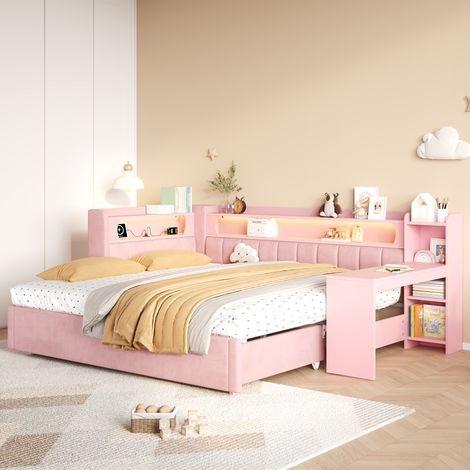 Banquette-lit extensible 90/180x200 cm, bureau intégré, éclairage LED 7 couleurs, ports USB, cadre rembourré, structure en bois, rose (1/5)