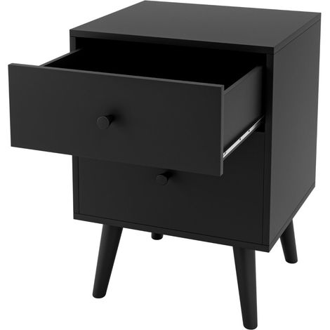 Práctica mesita de noche de 45 x 40 x 62 cm con 2 cajones y correa antivuelco en madera de caucho negra 200013964
