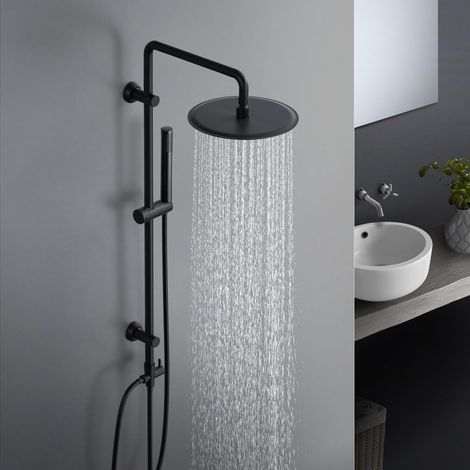 Görbach Duschsystem ohne Armatur für vorhandene Armatur, Runde 20cm Regendusche aus Edelstahl, Flexible Wandhalterungen, Schwarz Matt (1/5)