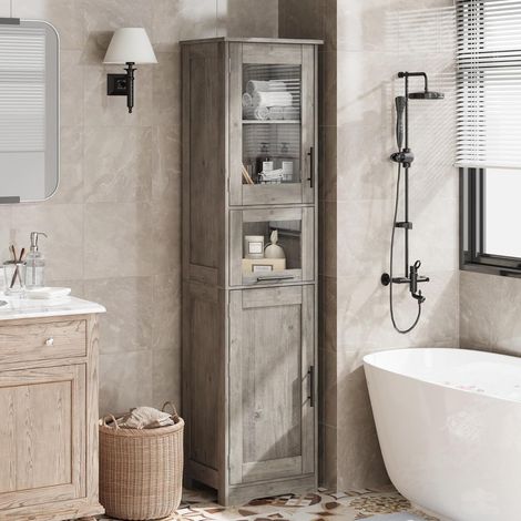 Meuble Salle de Bain, Colonne, Rangement avec Étagères Réglables, Placards à Porte, Tiroir, Compartiment, 40x30x170cm ,GRIS (1/5)