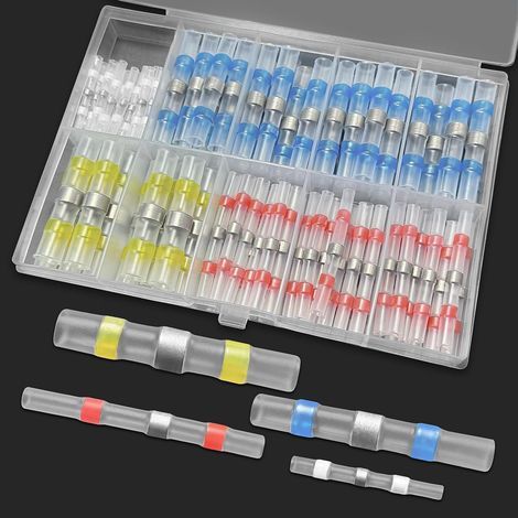 Connecteurs thermorétractables, 100 Pièces joint de soudure connecteur de fil isolés, 26-10 AWG Cosse Thermorétractables, 4 Tailles Thermorétractables Souder Bout à Bout pour Automobiles Moto (1/5)