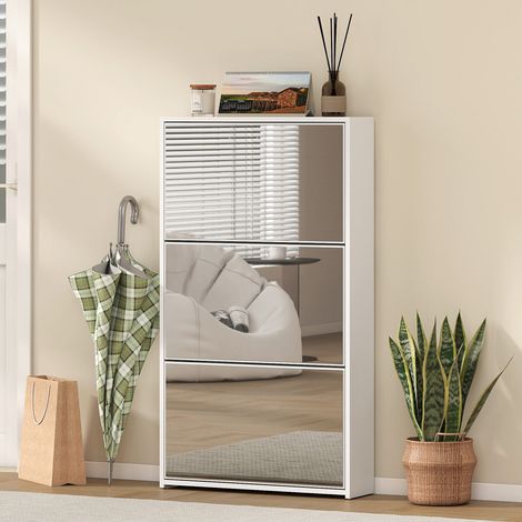 Schuhschrank für den Flur mit 3 Türen und Spiegel, schmales Schuhregal für 9 Paar Schuhe, 65 x 17 x 114,5 cm, Weiß