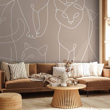 Papier peint - Cat Lineart - croquis minimalistes de chats blancs sur fond beige (1/5)
