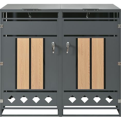 Cache-poubelle avec couvercle basculant, compartiments de rangement pour déchets, verrouillable, deux portes, panneau de porte à veinure de bois verticale, base creuse en losanges (1/5)