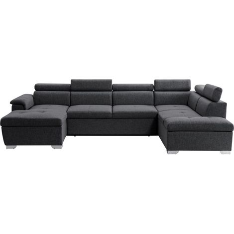 Canapé d'angle panoramique convertible en tissu – 5 places – Grand coffre de rangement – Dimensions 320,5 x 188 x 90 cm – Gris foncé – Usinestreet (1/7)