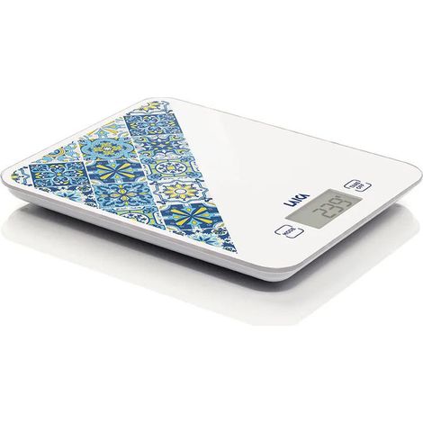 Laica KS5013B Bilancia da Cucina Digitale 10 Kg Vetro Temperato Funzione Tara Calcolo Volume Acqua colore Bianco Blu