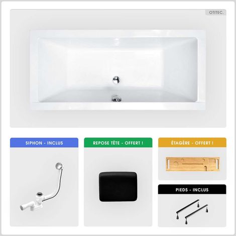 Baignoire rectangulaire - 155 x 70 cm - sans Habillage - avec Pieds - Repose-tête - Étagère bambou - Vidage Chrome - QUADRO (1/5)