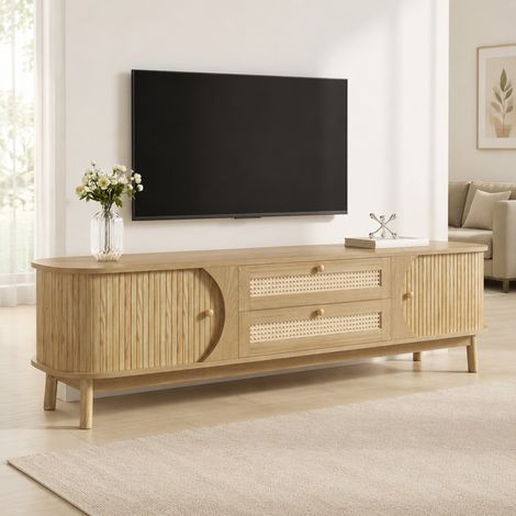 Mobile TV in legno naturale e rattan, 170 x 39,5 x 46 cm, con ante e cassetti DESVIAE (1/5)