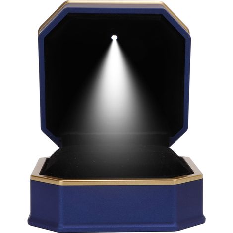 Boîte-cadeau pour bagues avec lumière LED, finition mate, présentoir de bijoux éclairé de luxe pour demande en mariage, fiançailles, bleu (1/5)