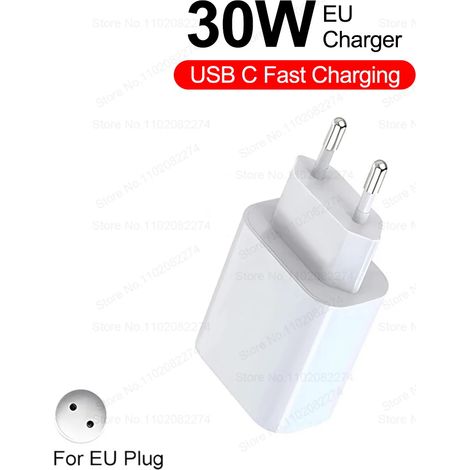 Chargeur rapide USB Type-C 30 W compatible Apple. Câble de charge inclus. Accessoires inclus. (1/5)